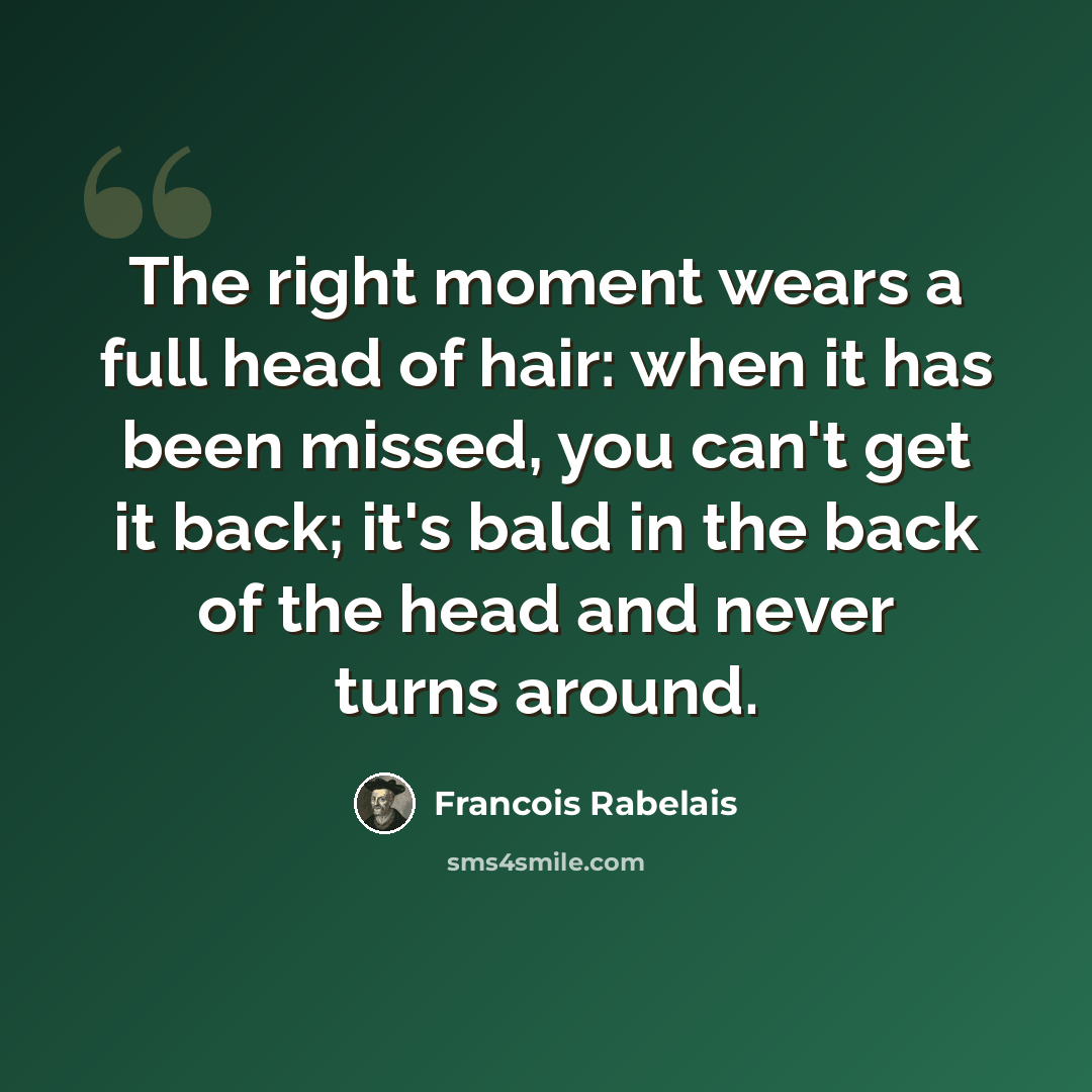“The right moment wears a full head of hair: when it has been missed, you can't get it back; it's bald in the back of the head and never turns around.” quote by Francois Rabelais