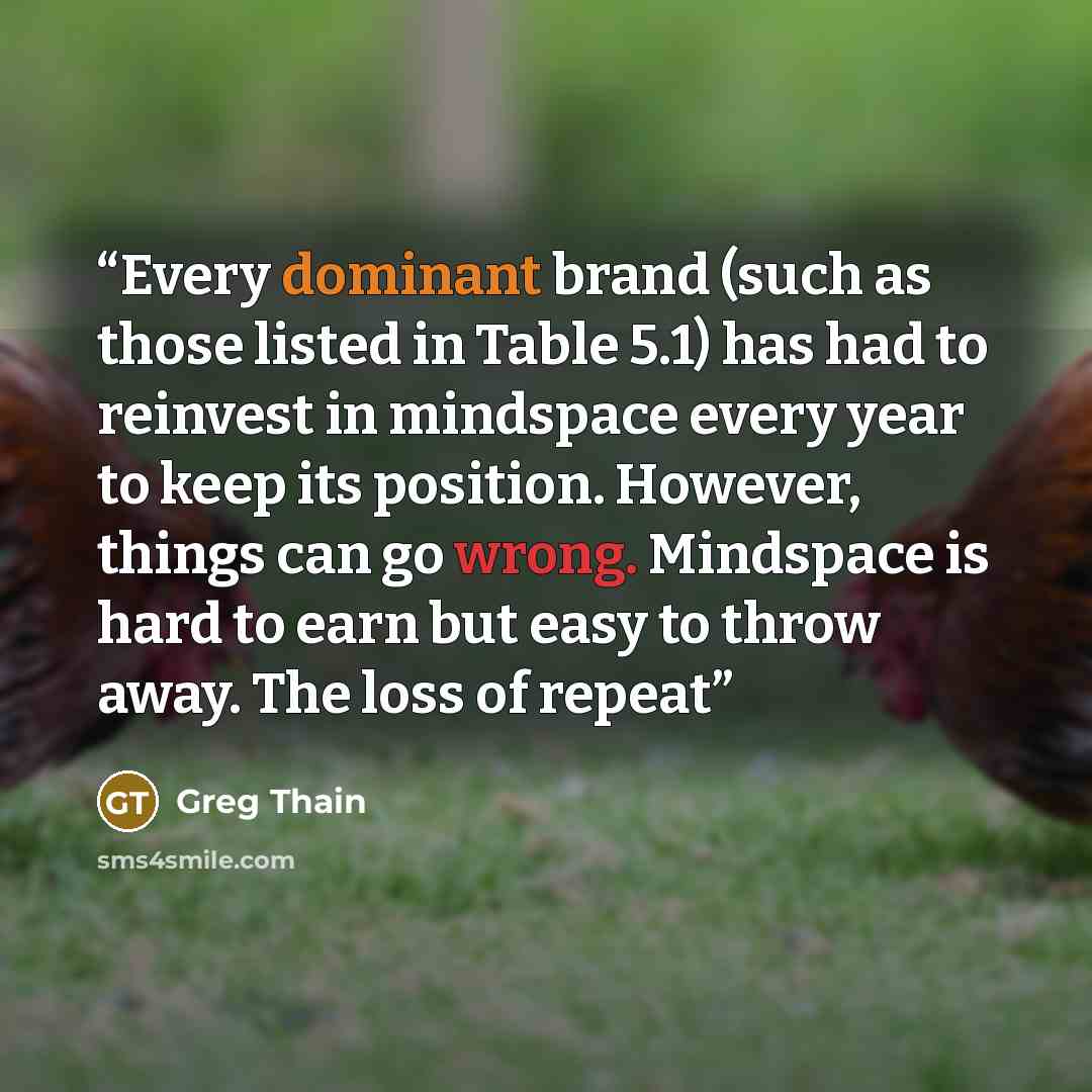 “Every dominant brand (such as those listed in Table 5.1) has had to reinvest in mindspace every year to keep its position. However, things can go wrong. Mindspace is hard to earn but easy to throw away. The loss of repeat” quote by Greg Thain