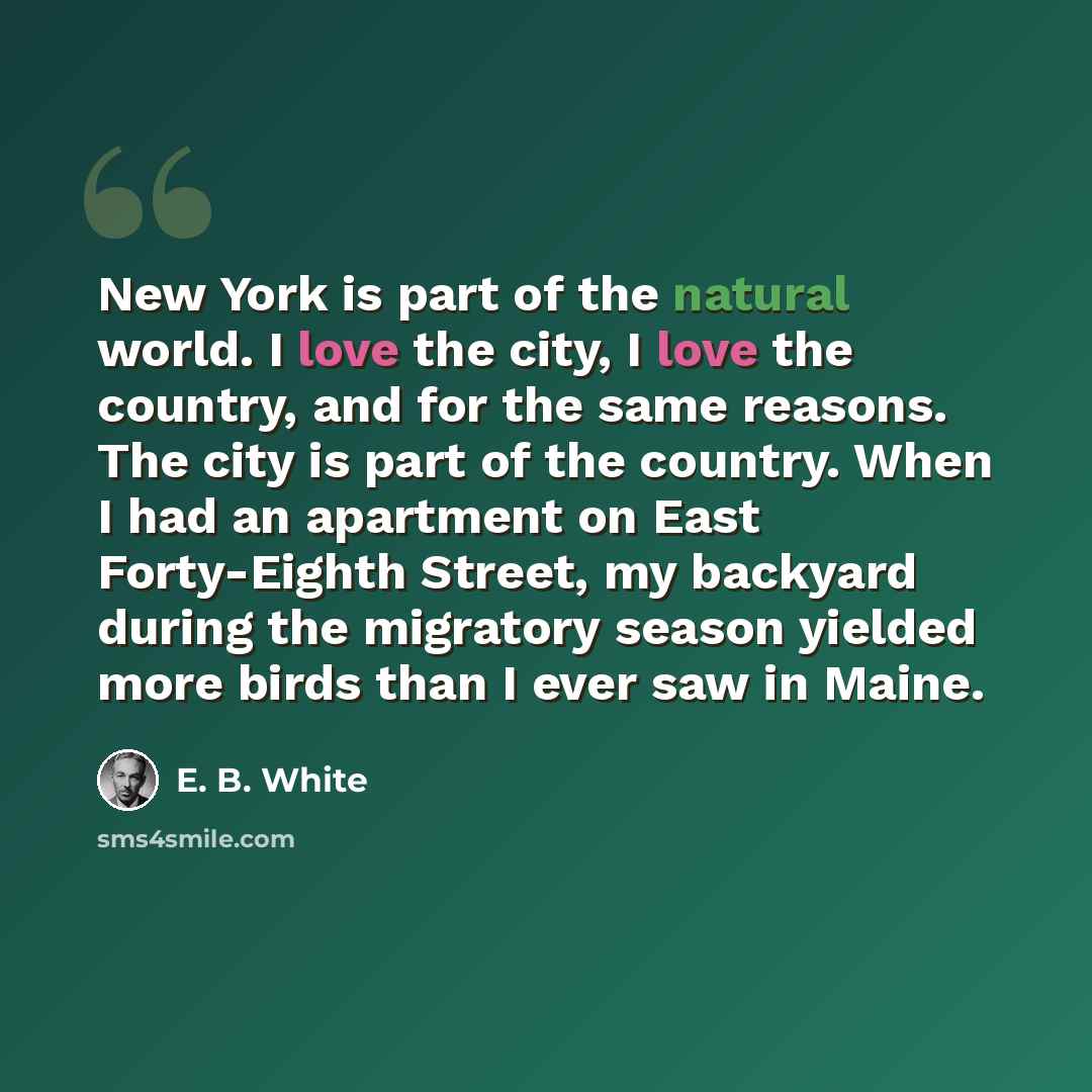 “New York is part of the natural world. I love the city, I love the country, and for the same reasons. The city is part of the country. When I had an apartment on East Forty-Eighth Street, my backyard during the migratory season yielded more birds than I ever saw in Maine.” quote by E. B. White
