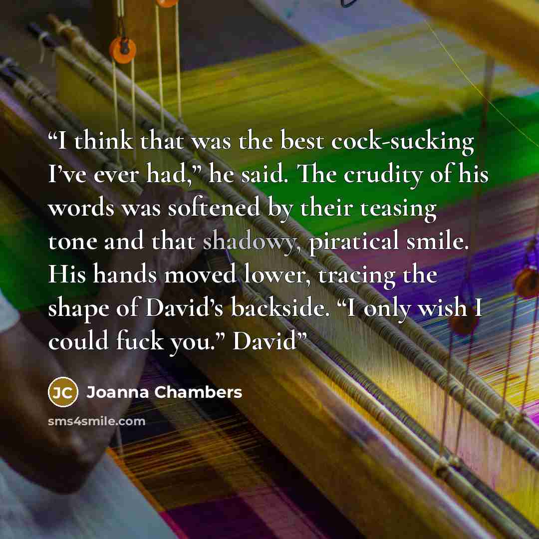 “I think that was the best cock-sucking I’ve ever had,” he said. The crudity of his words was softened by their teasing tone and that shadowy, piratical smile. His hands moved lower, tracing the shape of David’s backside. “I only wish I could fuck you.” David” quote by Joanna Chambers