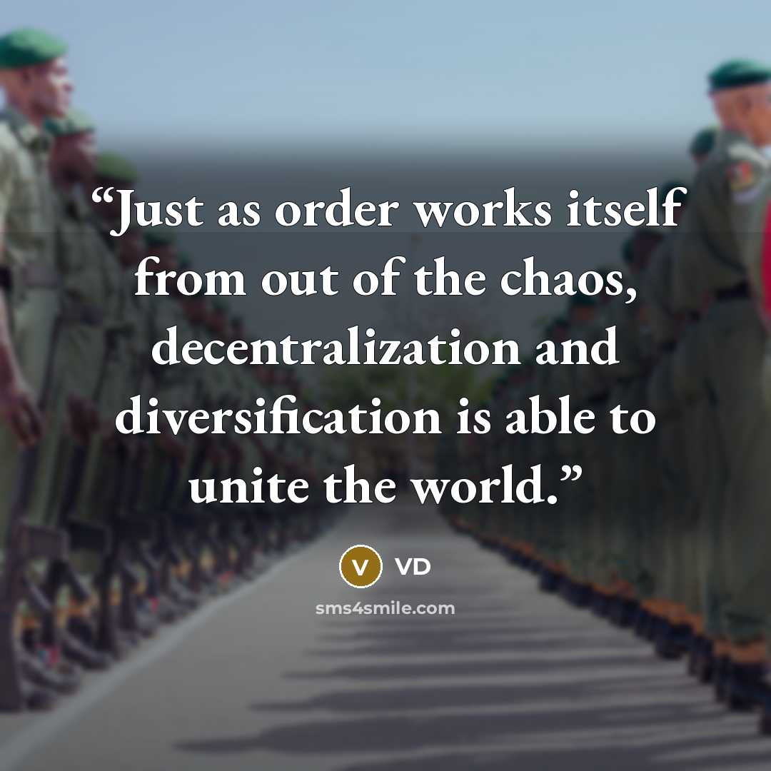 “Just as order works itself from out of the chaos, decentralization and diversification is able to unite the world.” quote by VD