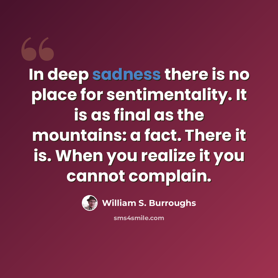 “In deep sadness there is no place for sentimentality. It is as final as the mountains: a fact. There it is. When you realize it you cannot complain.” quote by William S. Burroughs