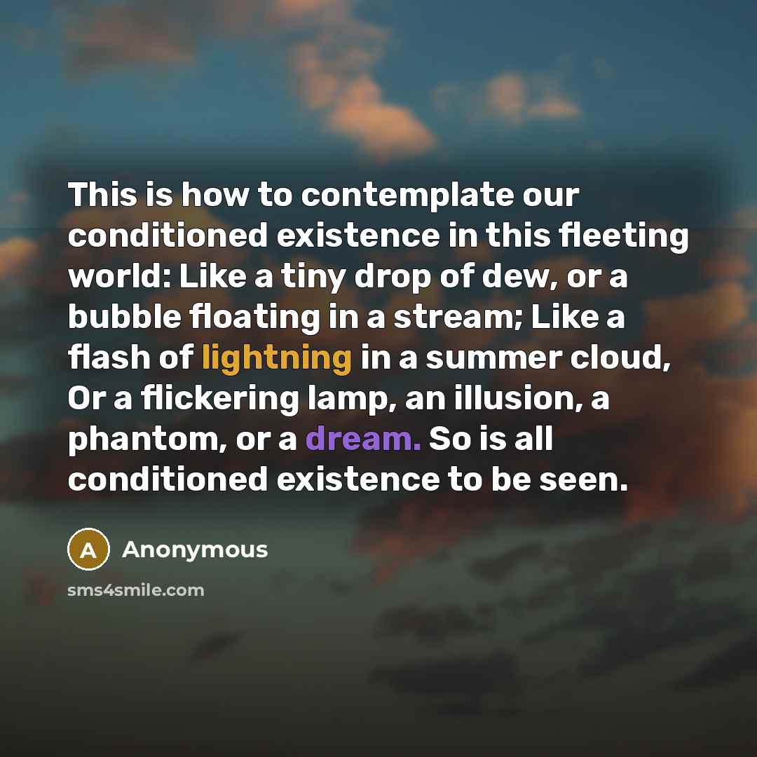 “This is how to contemplate our conditioned existence in this fleeting world: Like a tiny drop of dew, or a bubble floating in a stream; Like a flash of lightning in a summer cloud, Or a flickering lamp, an illusion, a phantom, or a dream. So is all conditioned existence to be seen.” quote by Anonymous