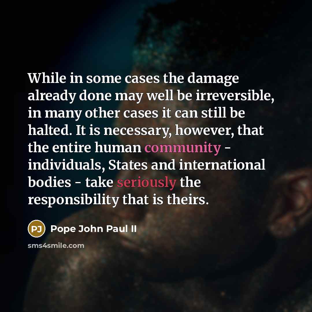 “While in some cases the damage already done may well be irreversible, in many other cases it can still be halted. It is necessary, however, that the entire human community - individuals, States and international bodies - take seriously the responsibility that is theirs.” quote by Pope John Paul II