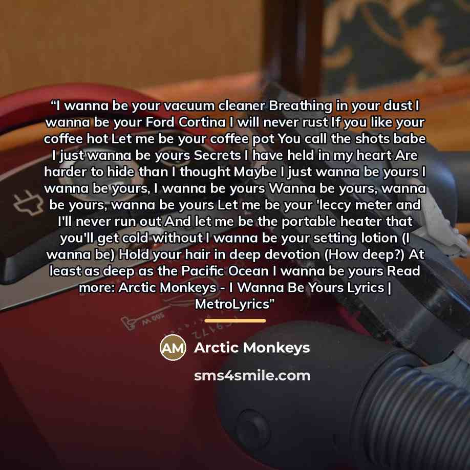 “I wanna be your vacuum cleaner Breathing in your dust I wanna be your Ford Cortina I will never rust If you like your coffee hot Let me be your coffee pot You call the shots babe I just wanna be yours Secrets I have held in my heart Are harder to hide than I thought Maybe I just wanna be yours I…” quote by Arctic Monkeys