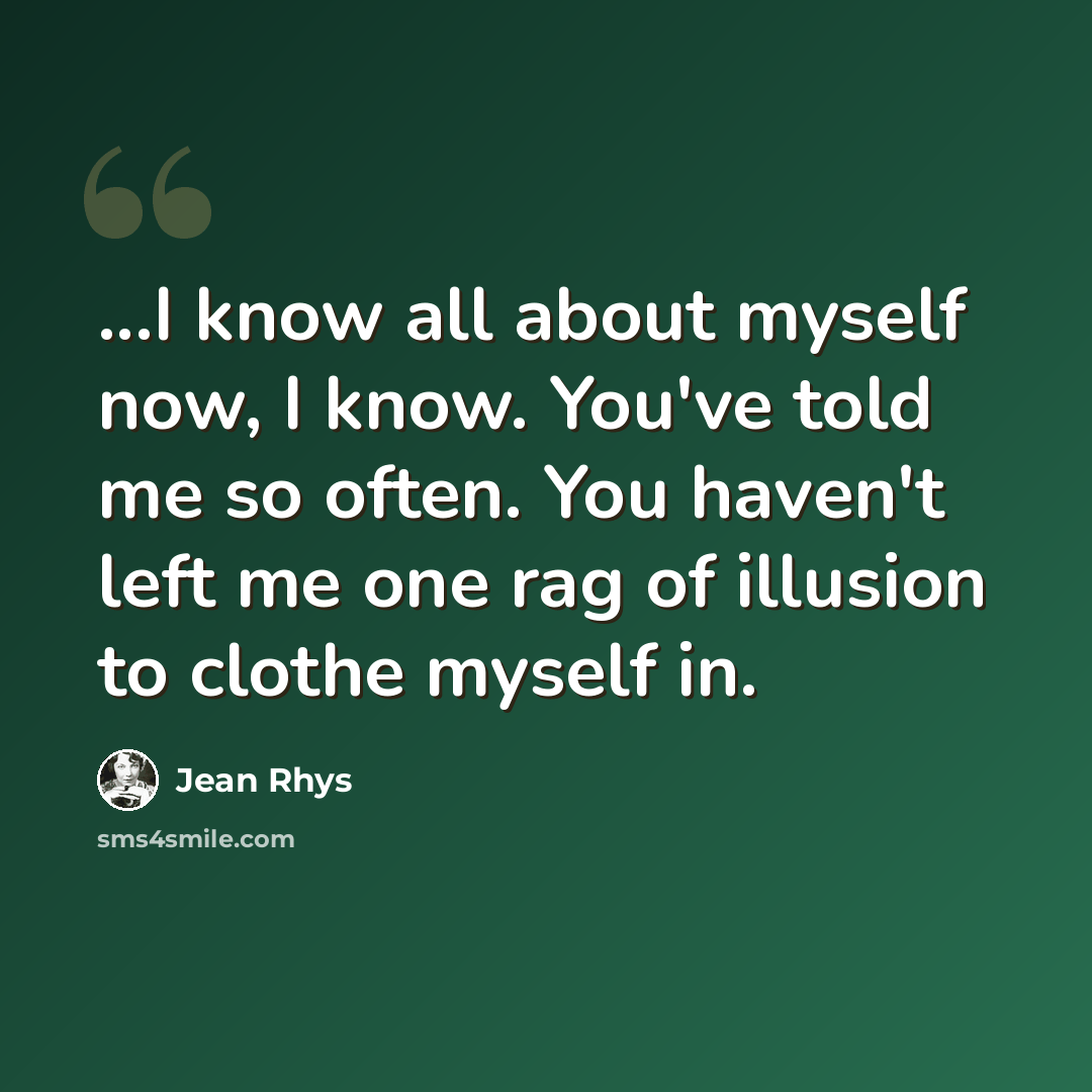 “...I know all about myself now, I know. You've told me so often. You haven't left me one rag of illusion to clothe myself in.” quote by Jean Rhys