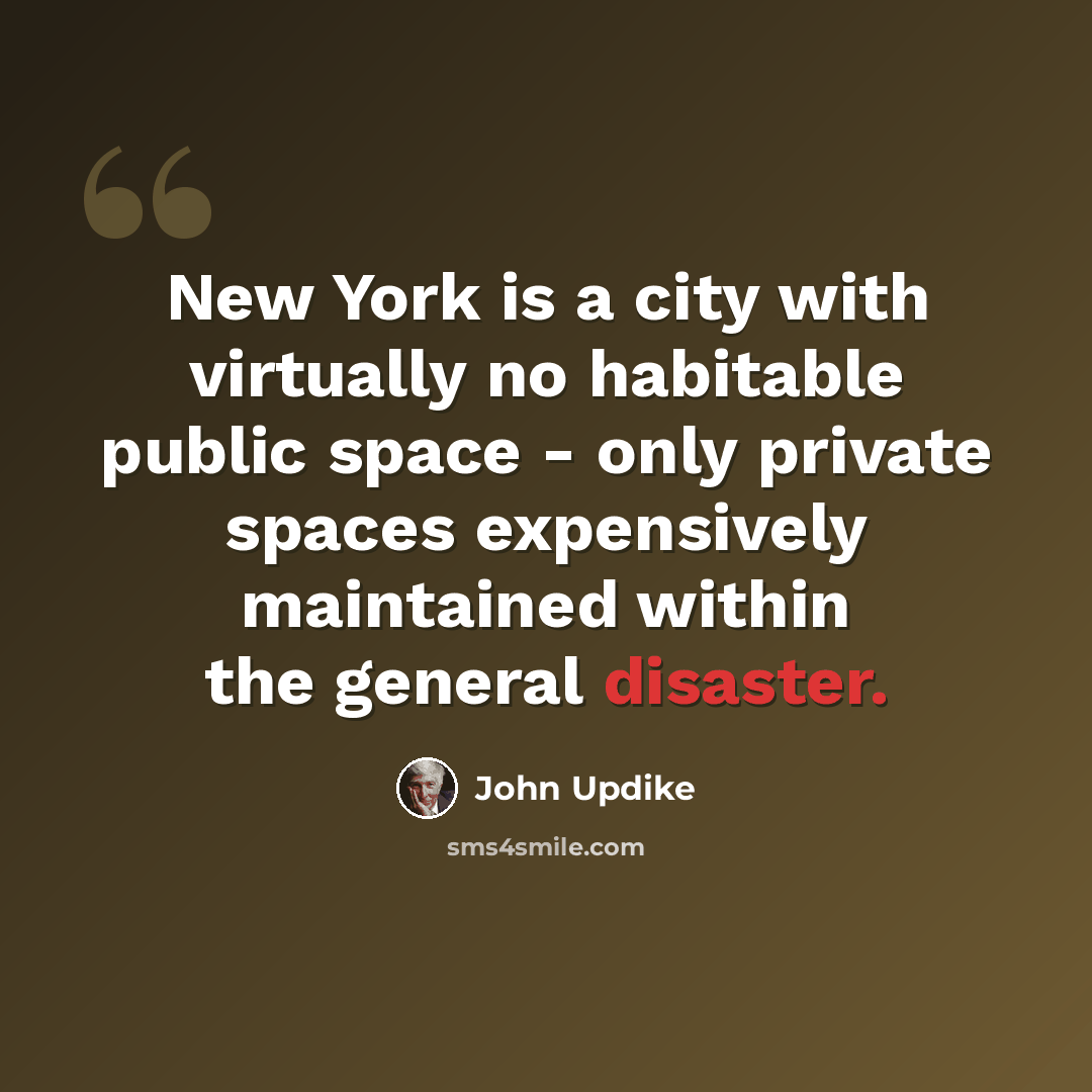 “New York is a city with virtually no habitable public space - only private spaces expensively maintained within the general disaster.” quote by John Updike
