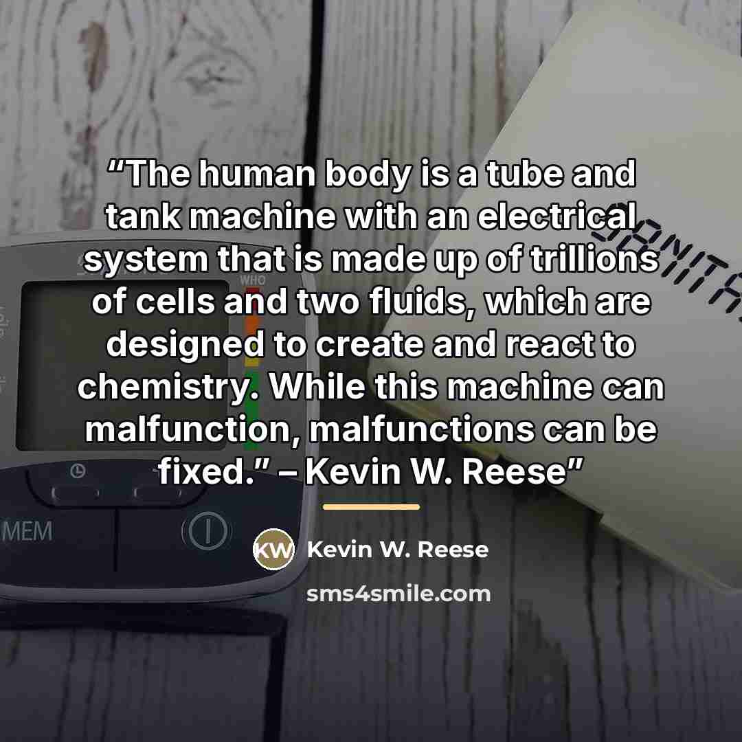“The human body is a tube and tank machine with an electrical system that is made up of trillions of cells and two fluids, which are designed to create and react to chemistry. While this machine can malfunction, malfunctions can be fixed.” – Kevin W. Reese” quote by Kevin W. Reese