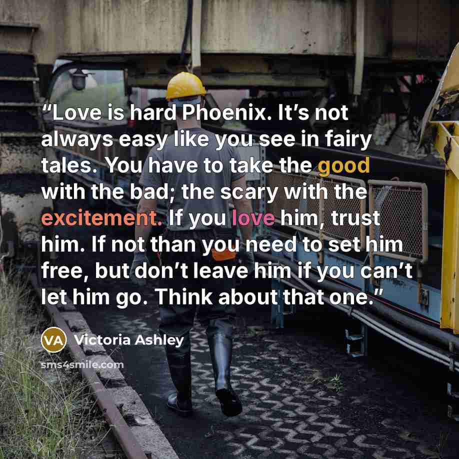 “Love is hard Phoenix. It’s not always easy like you see in fairy tales. You have to take the good with the bad; the scary with the excitement. If you love him, trust him. If not than you need to set him free, but don’t leave him if you can’t let him go. Think about that one.” quote by Victoria Ashley