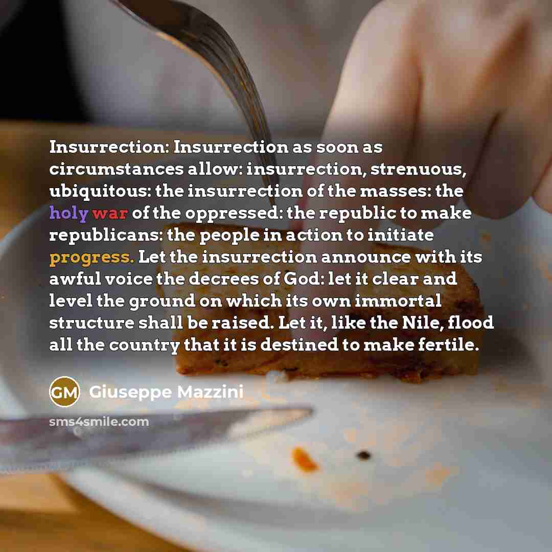 “Insurrection: Insurrection as soon as circumstances allow: insurrection, strenuous, ubiquitous: the insurrection of the masses: the holy war of the oppressed: the republic to make republicans: the people in action to initiate progress. Let the insurrection announce with its awful voice the decrees…” quote by Giuseppe Mazzini