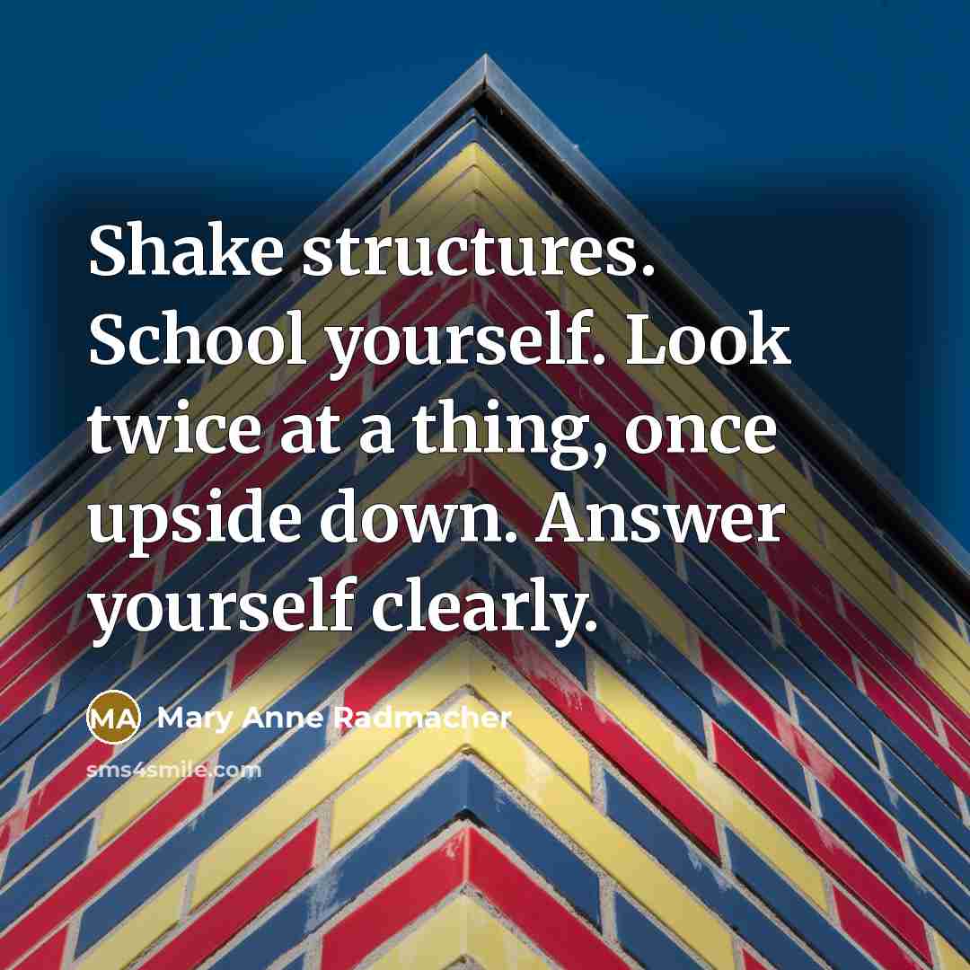 “Shake structures. School yourself. Look twice at a thing, once upside down. Answer yourself clearly.” quote by Mary Anne Radmacher