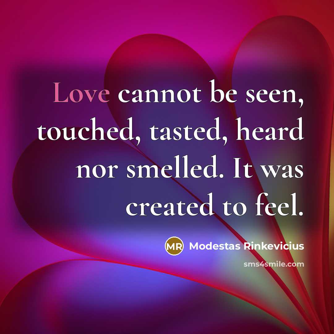 “Love cannot be seen, touched, tasted, heard nor smelled. It was created to feel.” quote by Modestas Rinkevicius