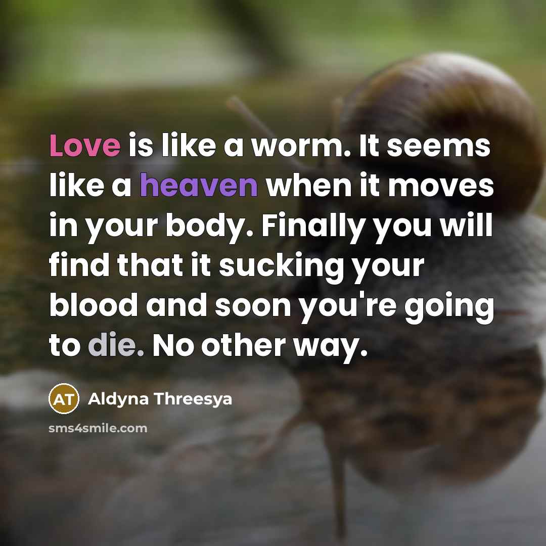 “Love is like a worm. It seems like a heaven when it moves in your body. Finally you will find that it sucking your blood and soon you're going to die. No other way.” quote by Aldyna Threesya