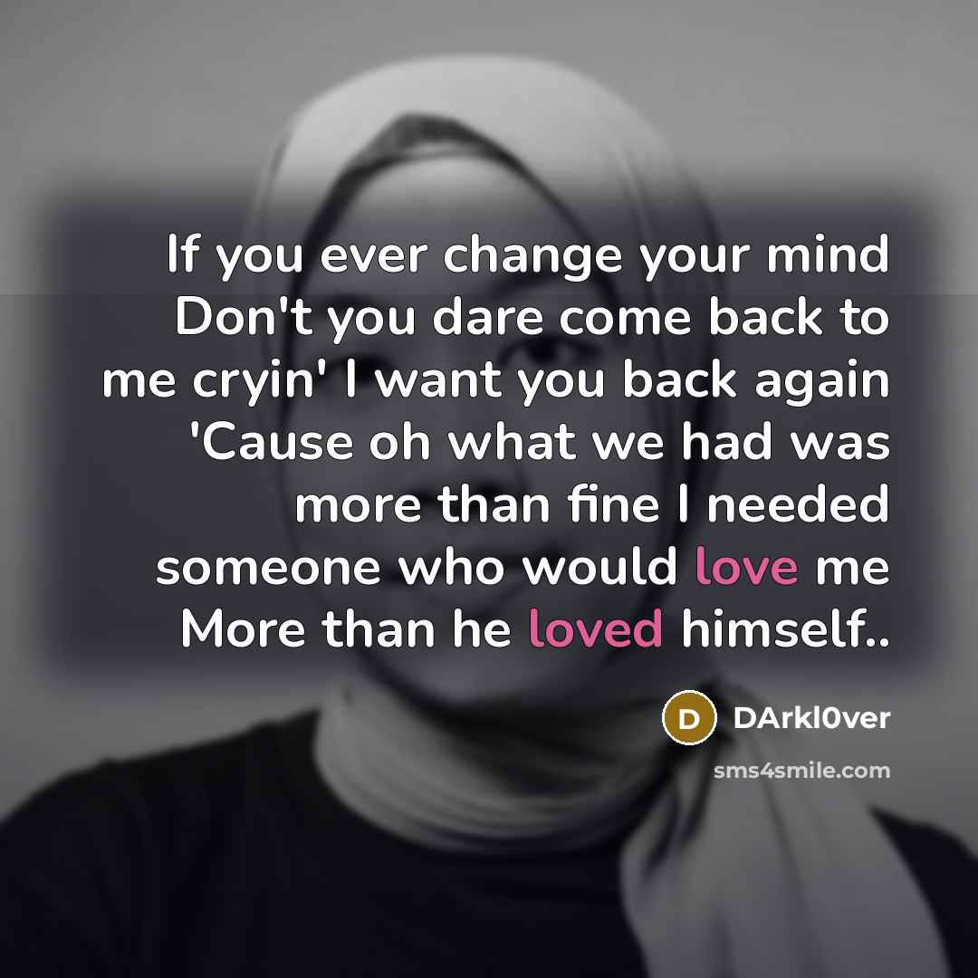 “If you ever change your mind Don't you dare come back to me cryin' I want you back again 'Cause oh what we had was more than fine I needed someone who would love me More than he loved himself..” quote by DArkl0ver