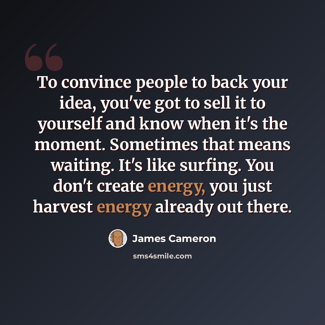 “To convince people to back your idea, you've got to sell it to yourself and know when it's the moment. Sometimes that means waiting. It's like surfing. You don't create energy, you just harvest energy already out there.” quote by James Cameron
