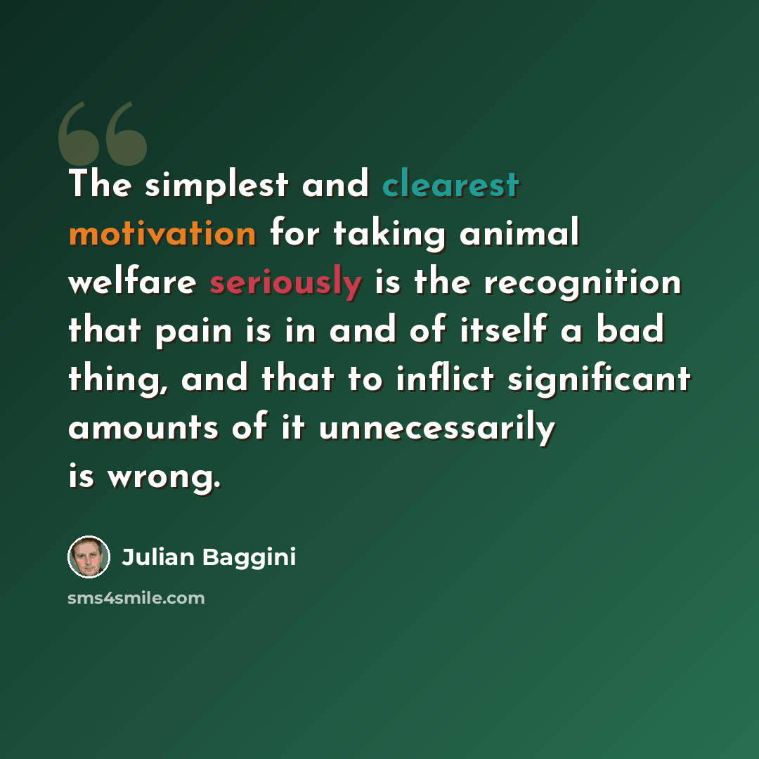 “The simplest and clearest motivation for taking animal welfare seriously is the recognition that pain is in and of itself a bad thing, and that to inflict significant amounts of it unnecessarily is wrong.” quote by Julian Baggini