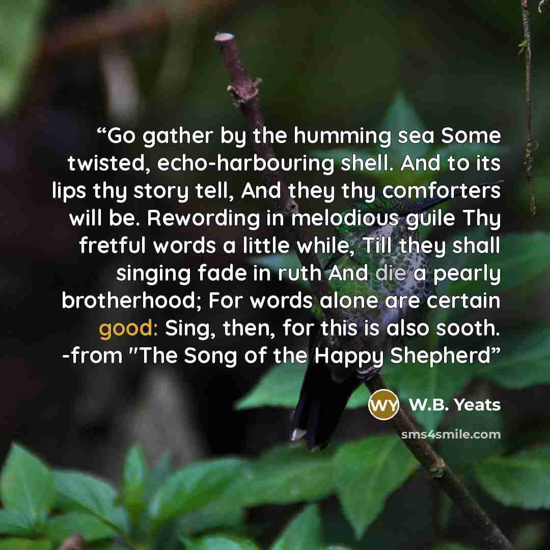“Go gather by the humming sea Some twisted, echo-harbouring shell. And to its lips thy story tell, And they thy comforters will be. Rewording in melodious guile Thy fretful words a little while, Till they shall singing fade in ruth And die a pearly brotherhood; For words alone are certain good…” quote by W.B. Yeats