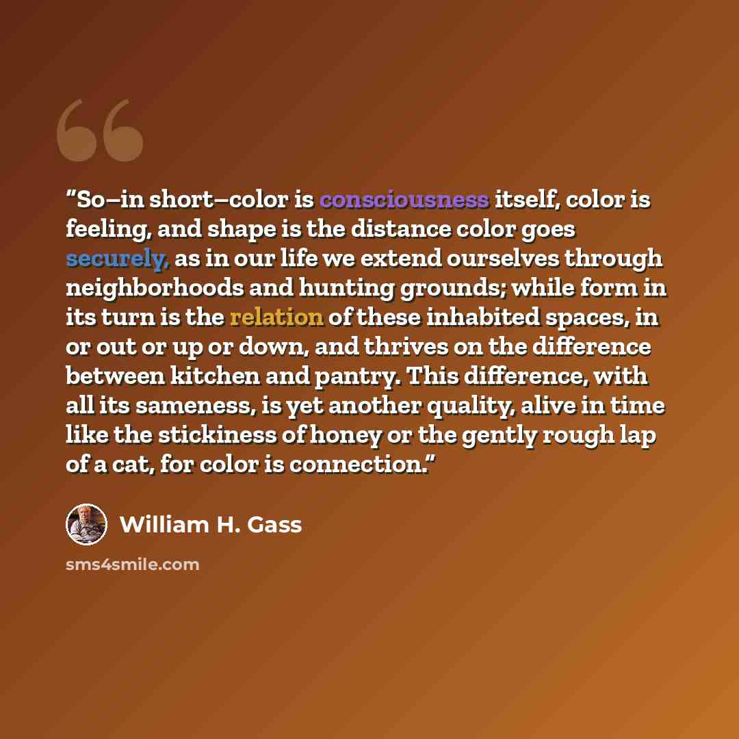 “So–in short–color is consciousness itself, color is feeling, and shape is the distance color goes securely, as in our life we extend ourselves through neighborhoods and hunting grounds; while form in its turn is the relation of these inhabited spaces, in or out or up or down, and thrives on the…” quote by William H. Gass