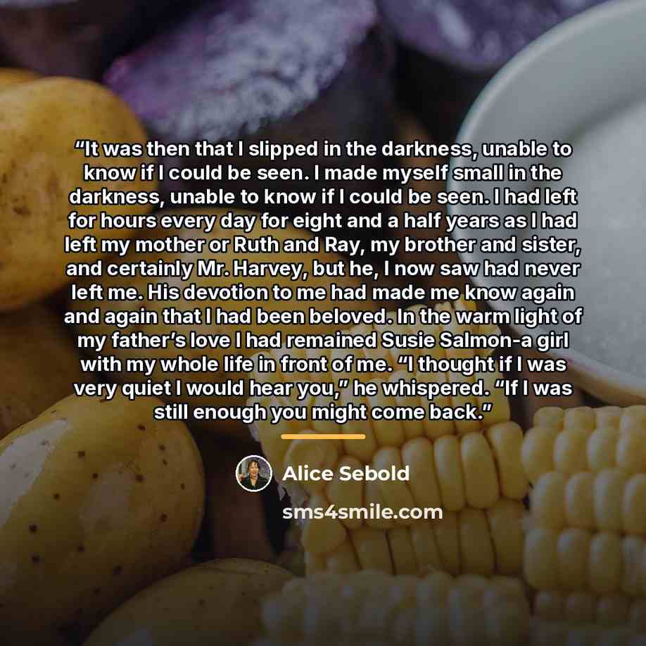 “It was then that I slipped in the darkness, unable to know if I could be seen. I made myself small in the darkness, unable to know if I could be seen. I had left for hours every day for eight and a half years as I had left my mother or Ruth and Ray, my brother and sister, and certainly Mr. Harvey…” quote by Alice Sebold