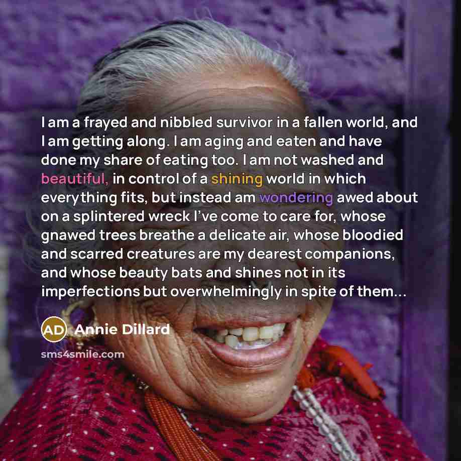 “I am a frayed and nibbled survivor in a fallen world, and I am getting along. I am aging and eaten and have done my share of eating too. I am not washed and beautiful, in control of a shining world in which everything fits, but instead am wondering awed about on a splintered wreck I've come to…” quote by Annie Dillard