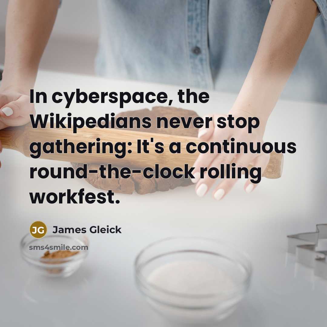 “In cyberspace, the Wikipedians never stop gathering: It's a continuous round-the-clock rolling workfest.” quote by James Gleick