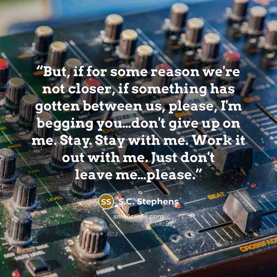 “But, if for some reason we're not closer, if something has gotten between us, please, I'm begging you…don't give up on me. Stay. Stay with me. Work it out with me. Just don't leave me…please.” quote by S.C. Stephens