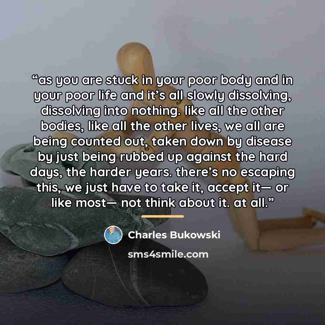 “as you are stuck in your poor body and in your poor life and it’s all slowly dissolving, dissolving into nothing. like all the other bodies, like all the other lives, we all are being counted out, taken down by disease by just being rubbed up against the hard days, the harder years. there’s no…” quote by Charles Bukowski