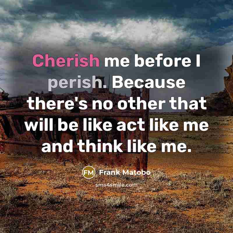 “Cherish me before I perish. Because there's no other that will be like act like me and think like me.” quote by Frank Matobo