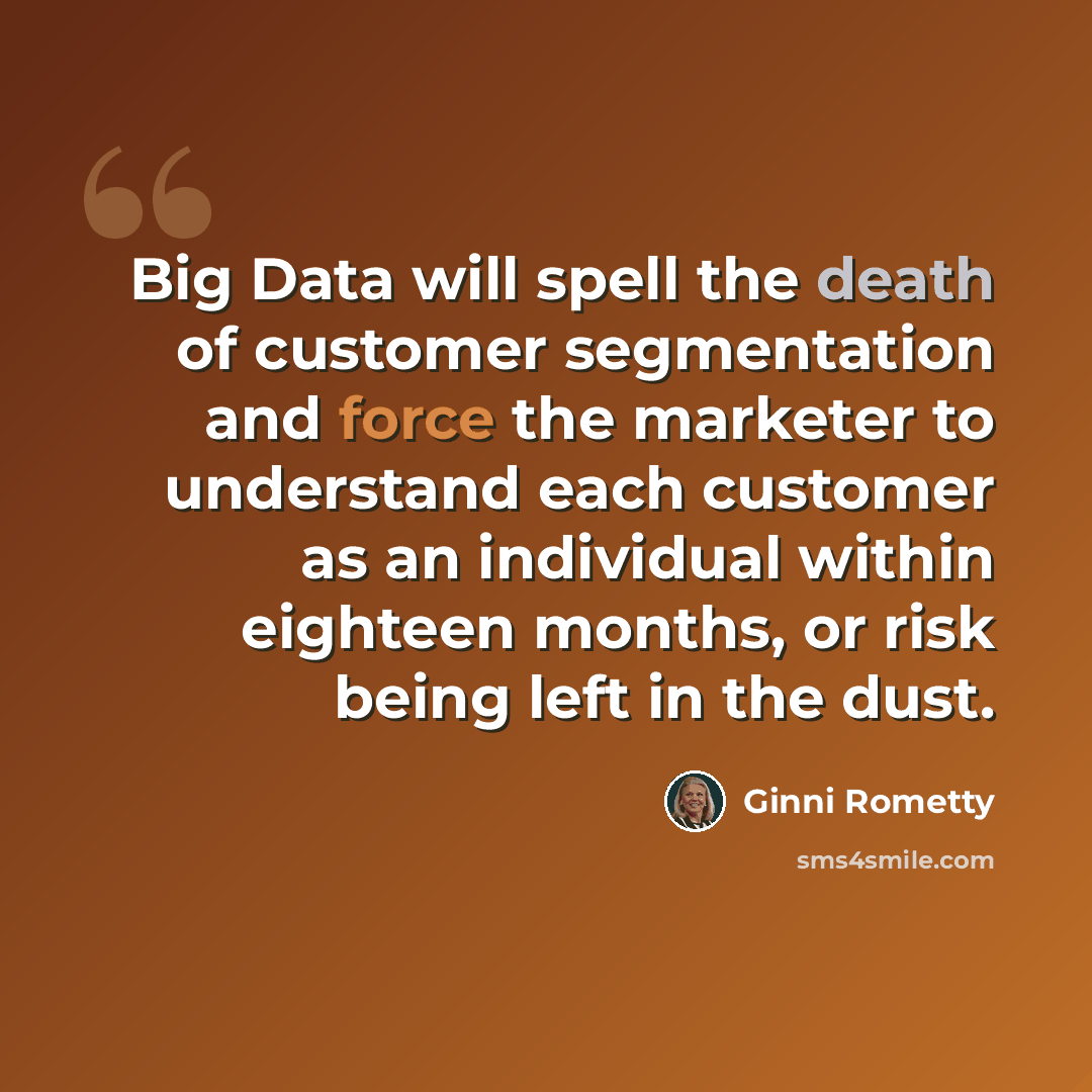 “Big Data will spell the death of customer segmentation and force the marketer to understand each customer as an individual within eighteen months, or risk being left in the dust.” quote by Ginni Rometty