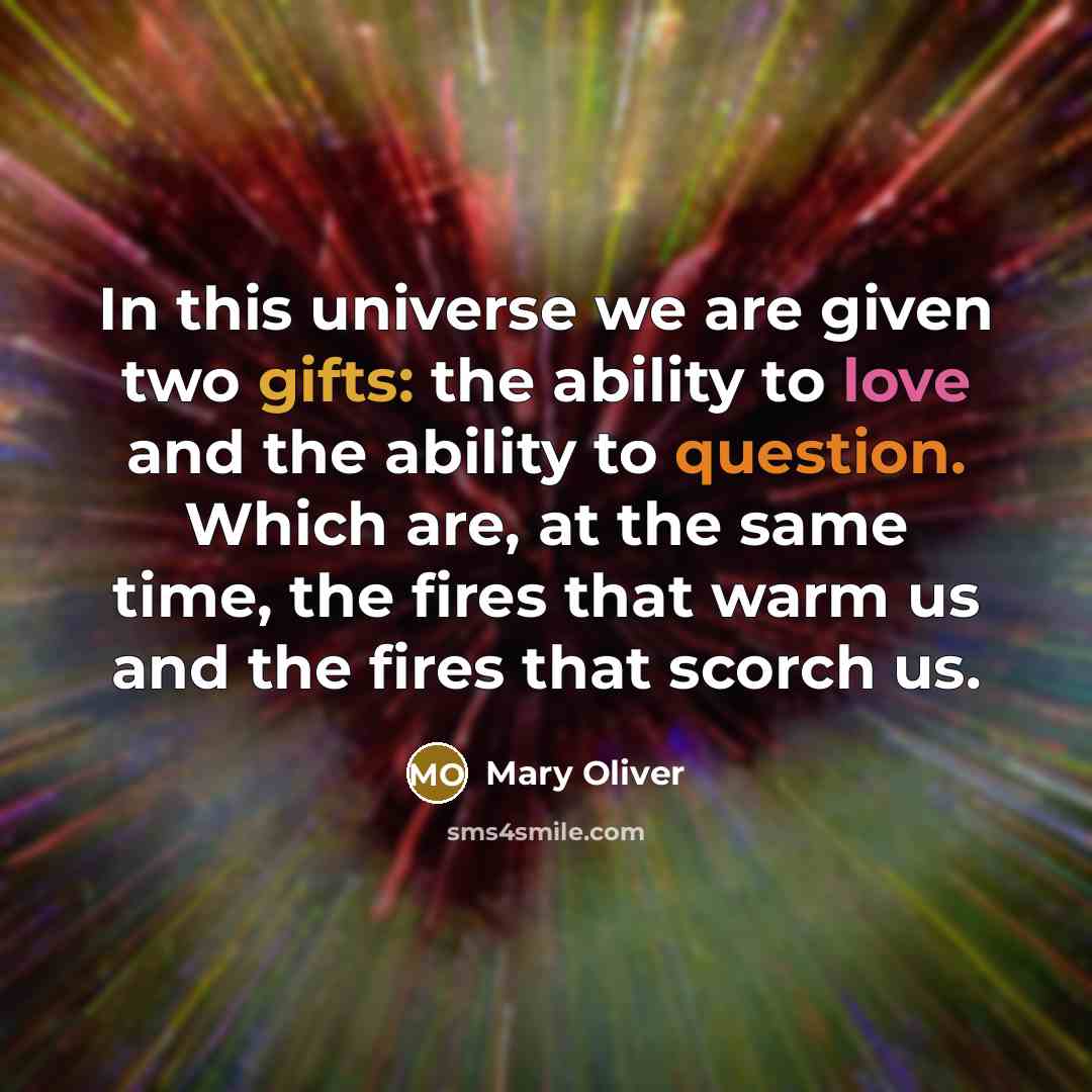 “In this universe we are given two gifts: the ability to love and the ability to question. Which are, at the same time, the fires that warm us and the fires that scorch us.” quote by Mary Oliver