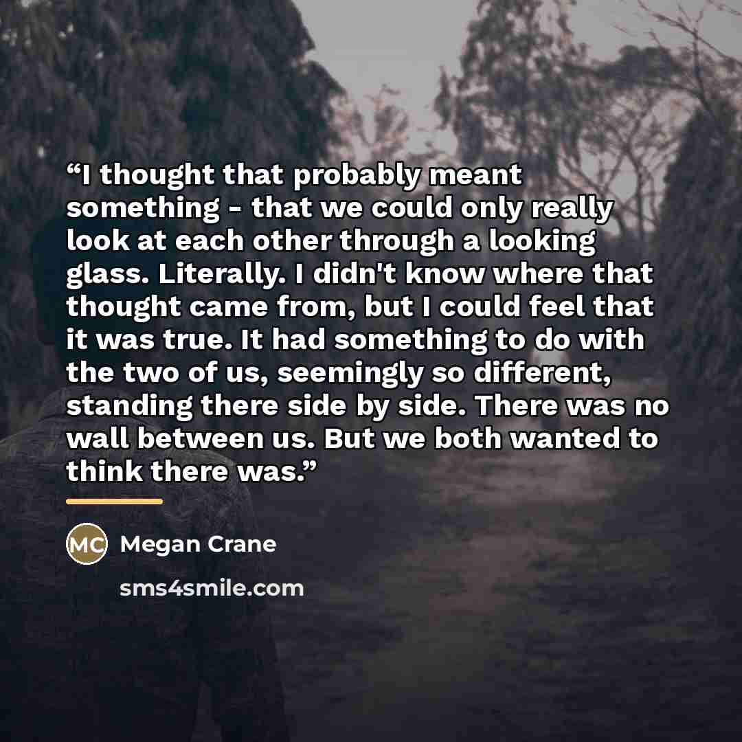 “I thought that probably meant something - that we could only really look at each other through a looking glass. Literally. I didn't know where that thought came from, but I could feel that it was true. It had something to do with the two of us, seemingly so different, standing there side by side…” quote by Megan Crane