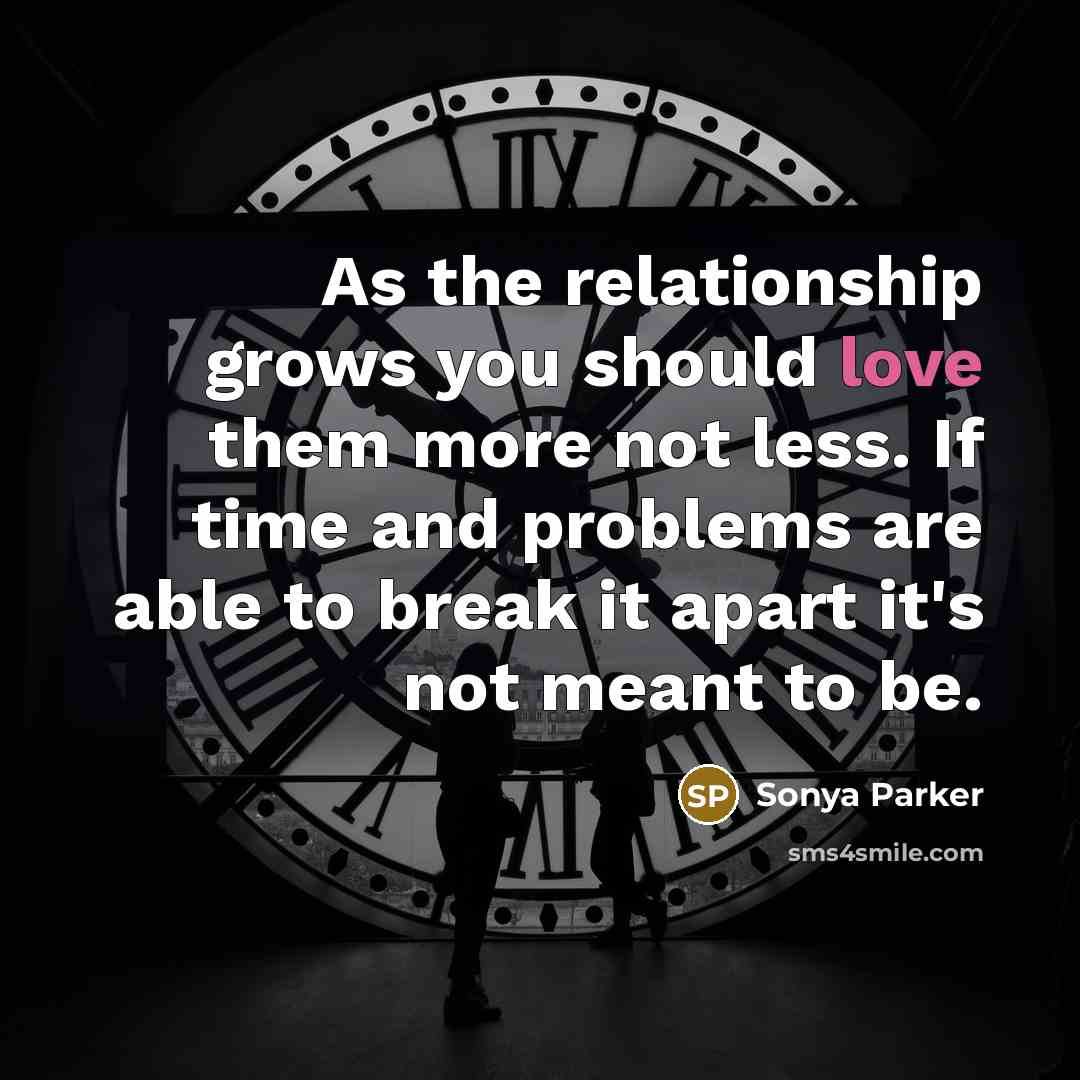 “As the relationship grows you should love them more not less. If time and problems are able to break it apart it's not meant to be.” quote by Sonya Parker