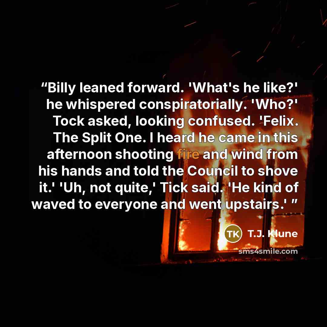 “Billy leaned forward. 'What's he like?' he whispered conspiratorially. 'Who?' Tock asked, looking confused. 'Felix. The Split One. I heard he came in this afternoon shooting fire and wind from his hands and told the Council to shove it.' 'Uh, not quite,' Tick said. 'He kind of waved to everyone…” quote by T.J. Klune