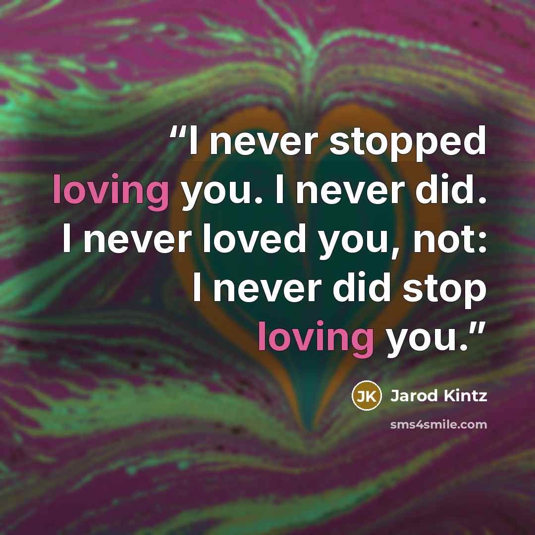 “I never stopped loving you. I never did. I never loved you, not: I never did stop loving you.” quote by Jarod Kintz