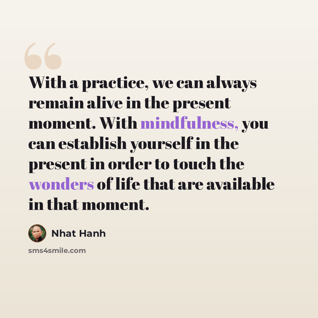 “With a practice, we can always remain alive in the present moment. With mindfulness, you can establish yourself in the present in order to touch the wonders of life that are available in that moment.” quote by Nhat Hanh