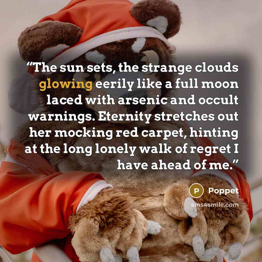 “The sun sets, the strange clouds glowing eerily like a full moon laced with arsenic and occult warnings. Eternity stretches out her mocking red carpet, hinting at the long lonely walk of regret I have ahead of me.” quote by Poppet