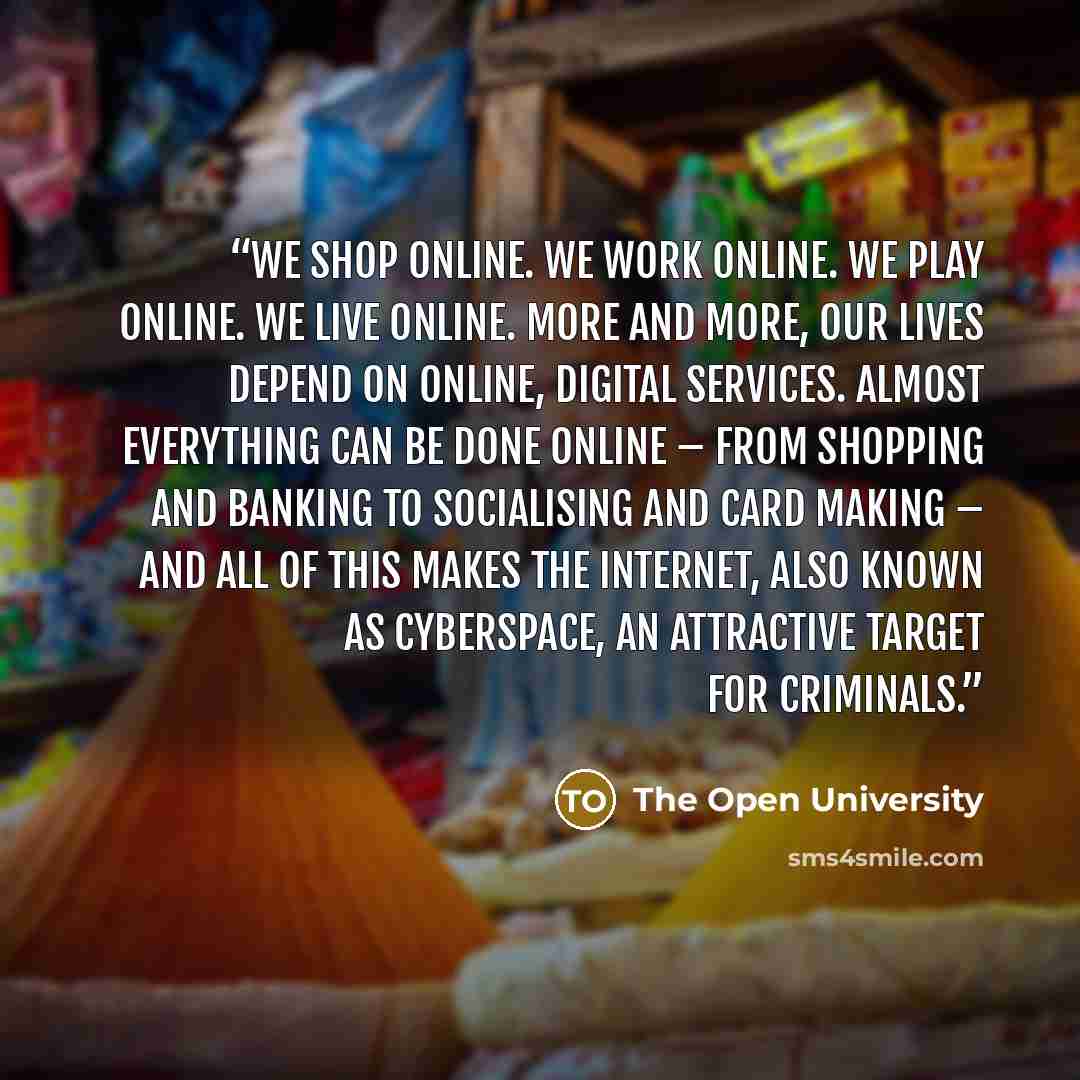 “We shop online. We work online. We play online. We live online. More and more, our lives depend on online, digital services. Almost everything can be done online – from shopping and banking to socialising and card making – and all of this makes the internet, also known as cyberspace, an attractive…” quote by The Open University