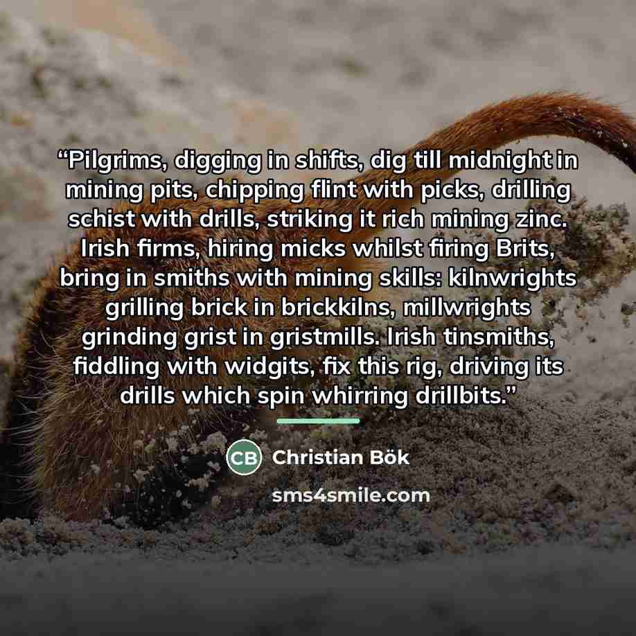 “Pilgrims, digging in shifts, dig till midnight in mining pits, chipping flint with picks, drilling schist with drills, striking it rich mining zinc. Irish firms, hiring micks whilst firing Brits, bring in smiths with mining skills: kilnwrights grilling brick in brickkilns, millwrights grinding…” quote by Christian Bök