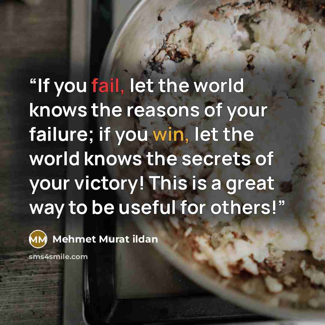 “If you fail, let the world knows the reasons of your failure; if you win, let the world knows the secrets of your victory! This is a great way to be useful for others!” quote by Mehmet Murat ildan