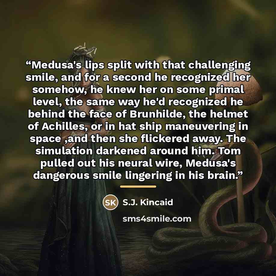 “Medusa's lips split with that challenging smile, and for a second he recognized her somehow, he knew her on some primal level, the same way he'd recognized he behind the face of Brunhilde, the helmet of Achilles, or in hat ship maneuvering in space ,and then she flickered away. The simulation…” quote by S.J. Kincaid