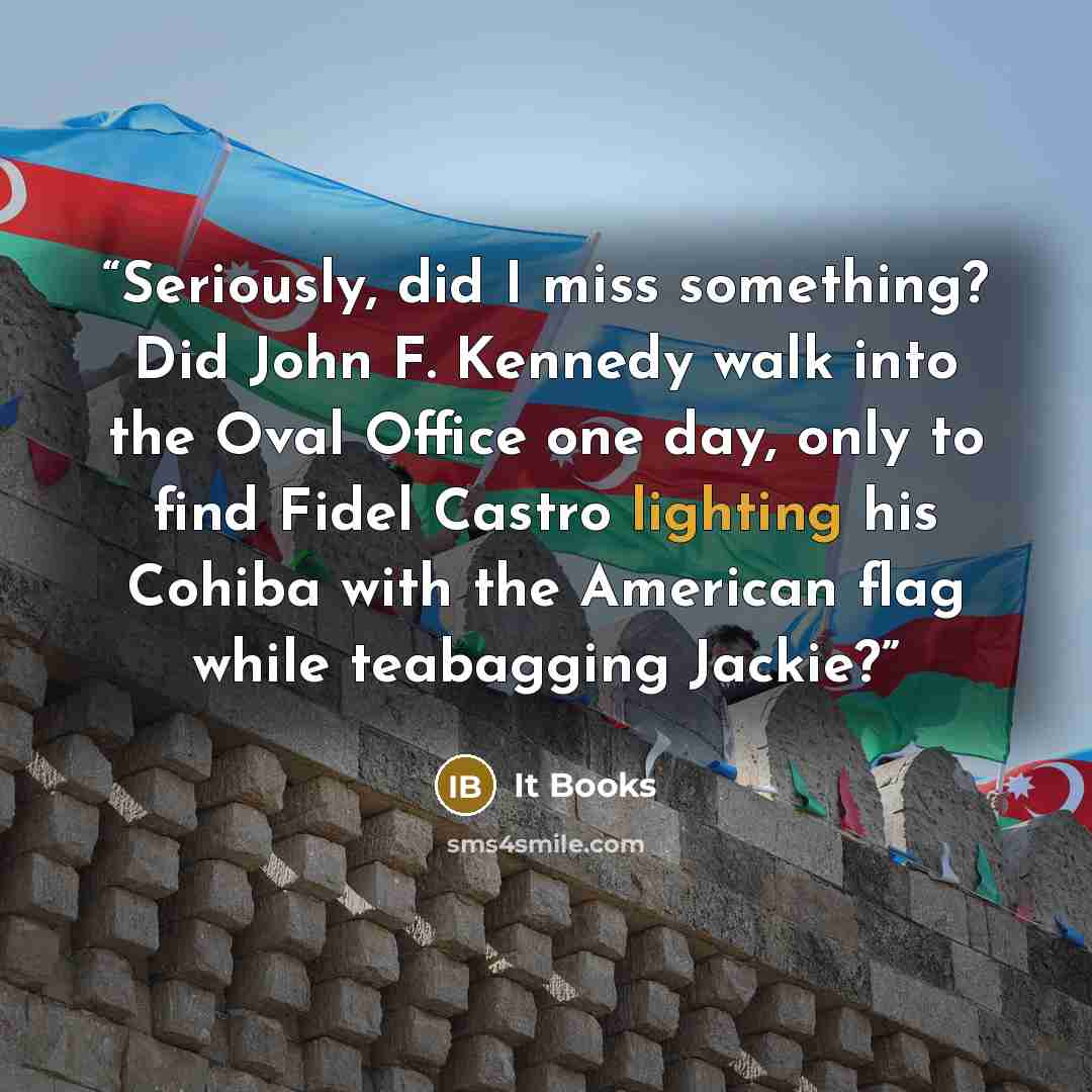 “Seriously, did I miss something? Did John F. Kennedy walk into the Oval Office one day, only to find Fidel Castro lighting his Cohiba with the American flag while teabagging Jackie?” quote by It Books