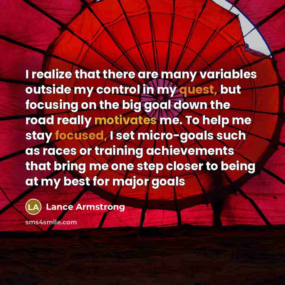 “I realize that there are many variables outside my control in my quest, but focusing on the big goal down the road really motivates me. To help me stay focused, I set micro-goals such as races or training achievements that bring me one step closer to being at my best for major goals” quote by Lance Armstrong
