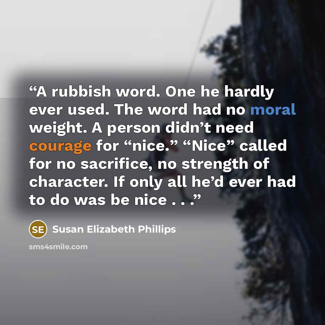 “A rubbish word. One he hardly ever used. The word had no moral weight. A person didn’t need courage for “nice.” “Nice” called for no sacrifice, no strength of character. If only all he’d ever had to do was be nice . . .” quote by Susan Elizabeth Phillips