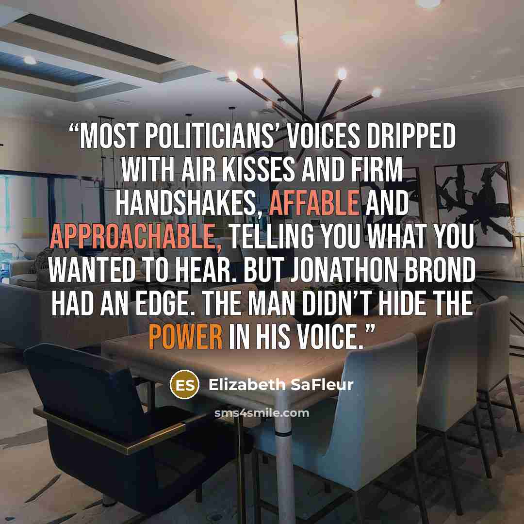 “Most politicians’ voices dripped with air kisses and firm handshakes, affable and approachable, telling you what you wanted to hear. But Jonathon Brond had an edge. The man didn’t hide the power in his voice.” quote by Elizabeth SaFleur