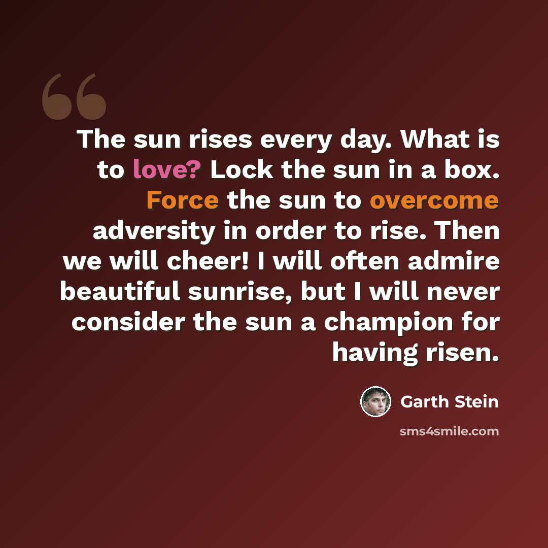 “The sun rises every day. What is to love? Lock the sun in a box. Force the sun to overcome adversity in order to rise. Then we will cheer! I will often admire beautiful sunrise, but I will never consider the sun a champion for having risen.” quote by Garth Stein