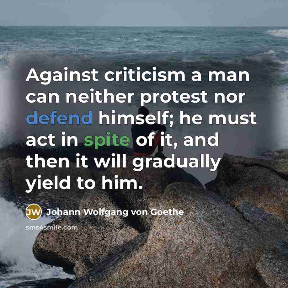 “Against criticism a man can neither protest nor defend himself; he must act in spite of it, and then it will gradually yield to him.” quote by Johann Wolfgang von Goethe