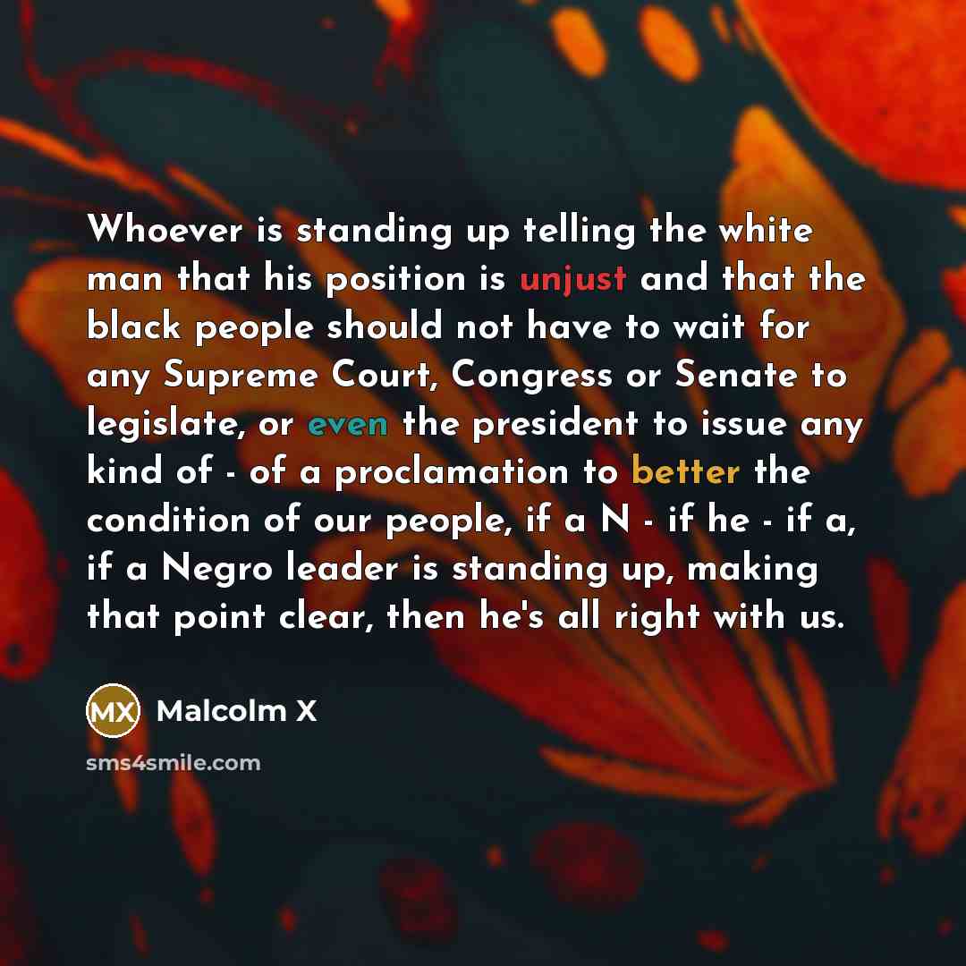 “Whoever is standing up telling the white man that his position is unjust and that the black people should not have to wait for any Supreme Court, Congress or Senate to legislate, or even the president to issue any kind of - of a proclamation to better the condition of our people, if a N - if he…” quote by Malcolm X