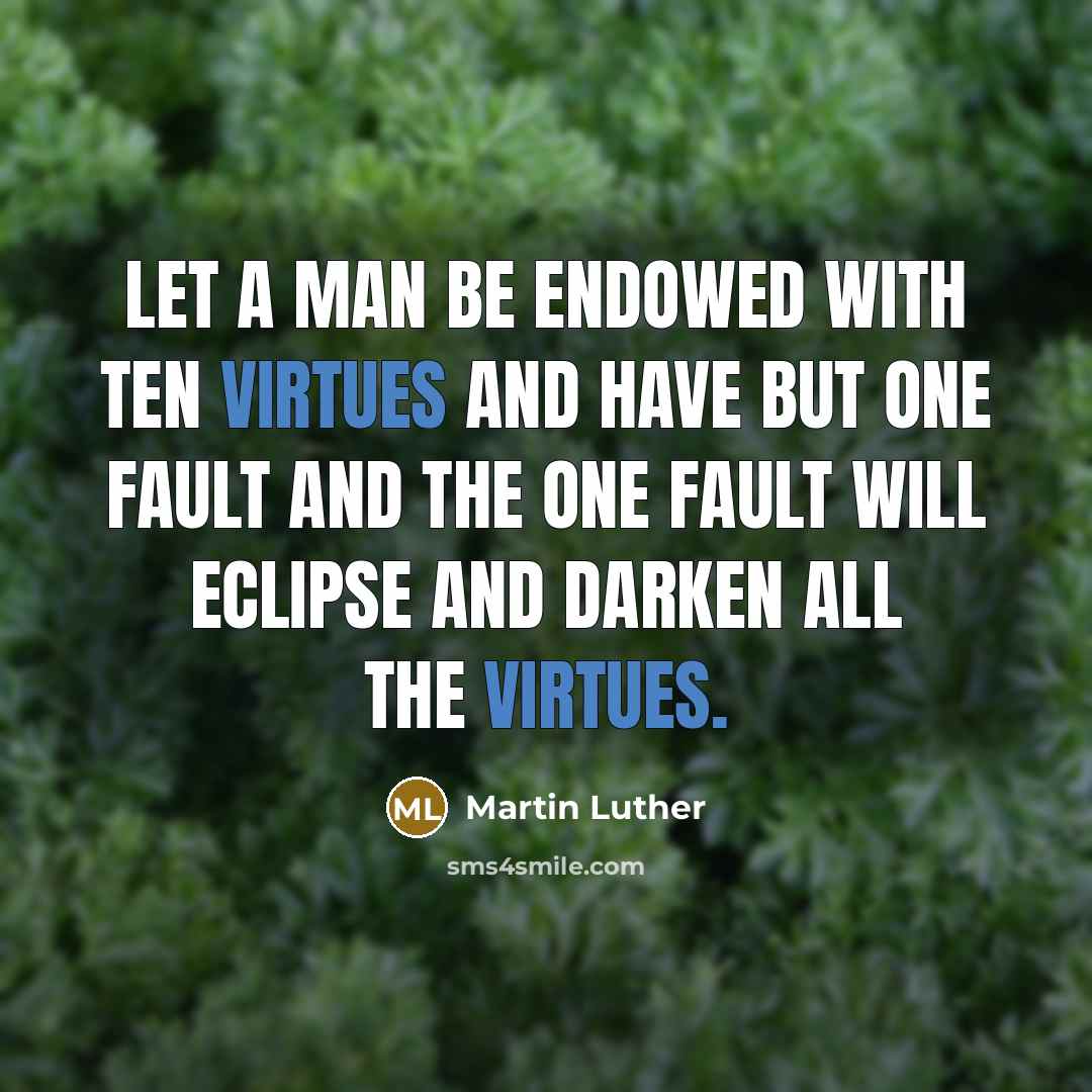 “Let a man be endowed with ten virtues and have but one fault and the one fault will eclipse and darken all the virtues.” quote by Martin Luther