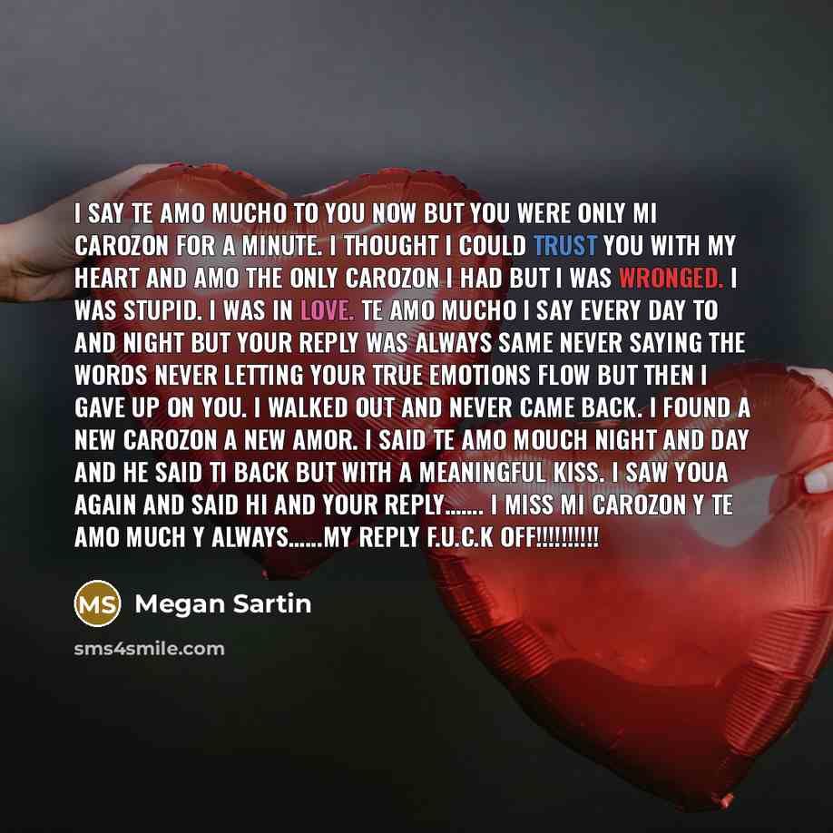 “I say te amo mucho to you now but you were only mi carozon for a minute. I thought I could trust you with my heart and amo the only carozon I had but I was wronged. I was stupid. I was in love. te amo mucho I say every day to and night but your reply was always same never saying the words never…” quote by Megan Sartin