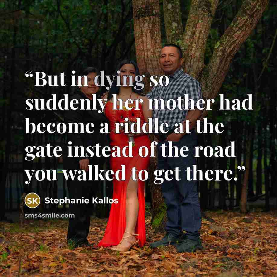 “But in dying so suddenly her mother had become a riddle at the gate instead of the road you walked to get there.” quote by Stephanie Kallos